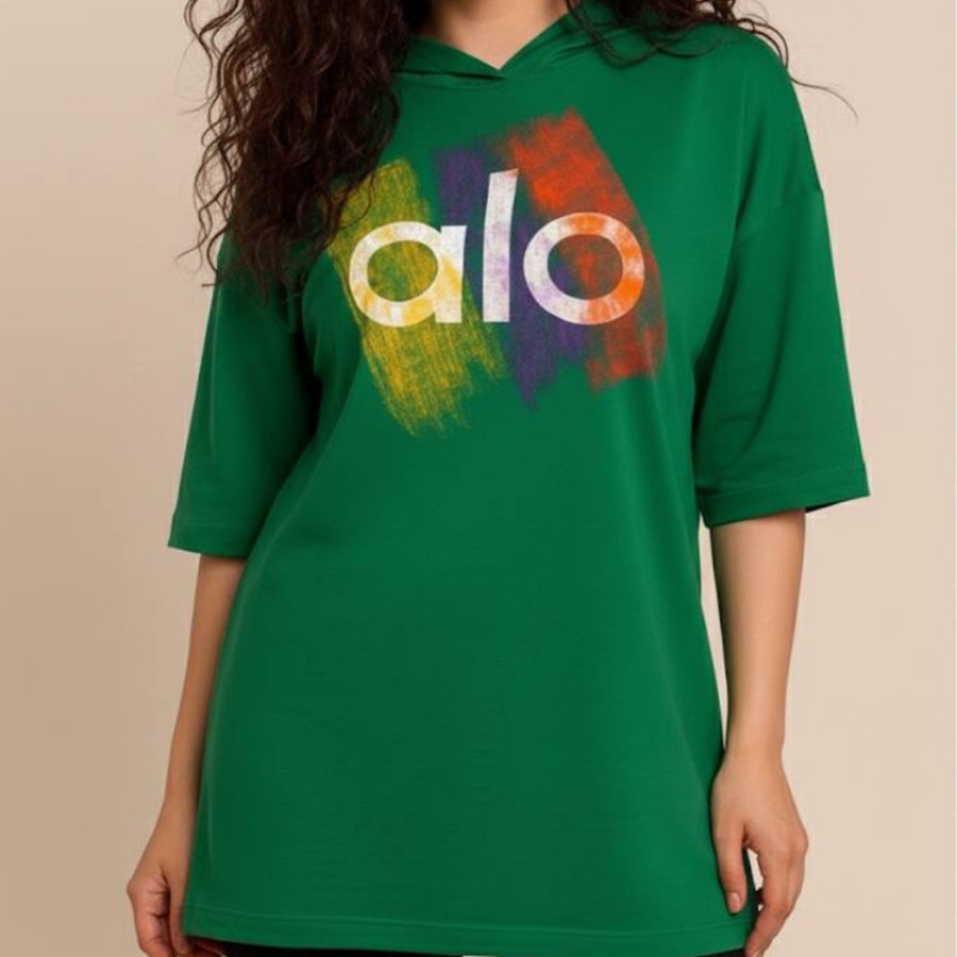 تیشرت باکسی کلاه دار چاپ alo (پک 6 عددی)