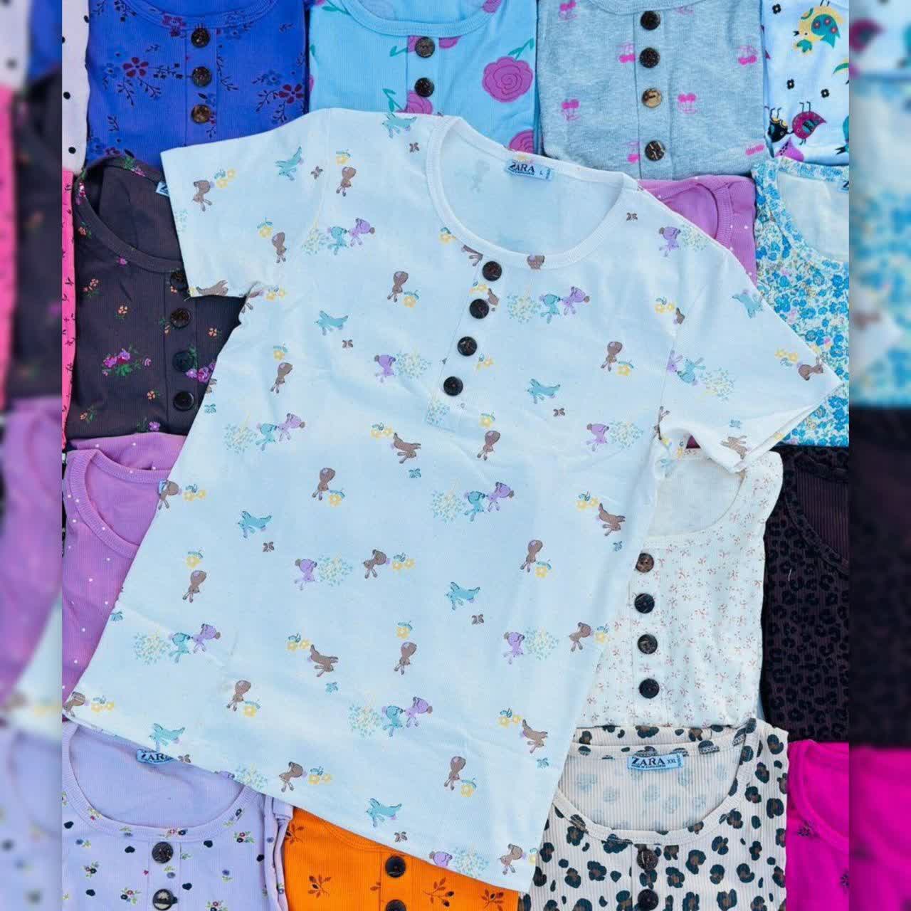 تیشرت یقه گرد ZARA دکمه چوبی (پک 6 عددی)