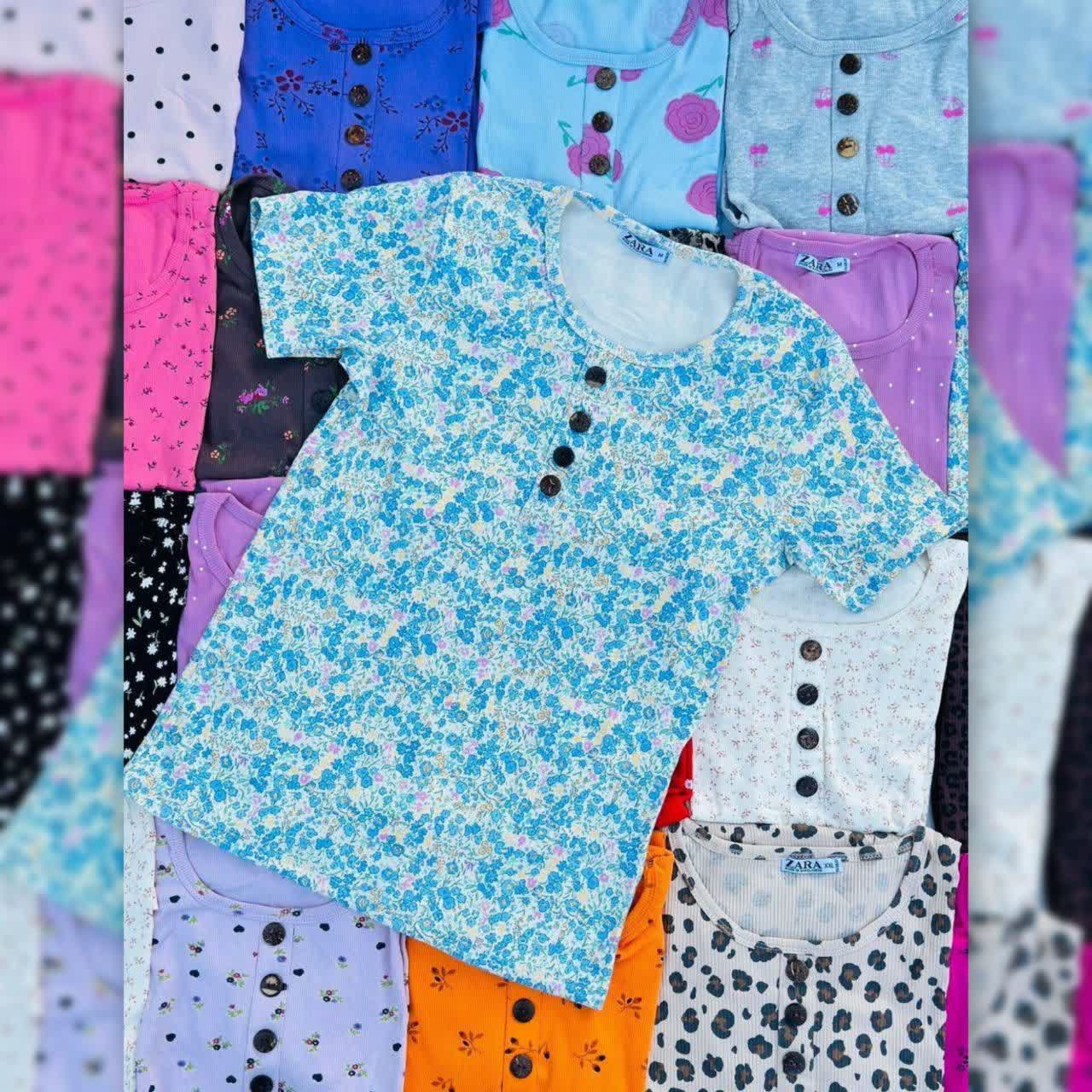 تیشرت یقه گرد ZARA دکمه چوبی (پک 6 عددی)