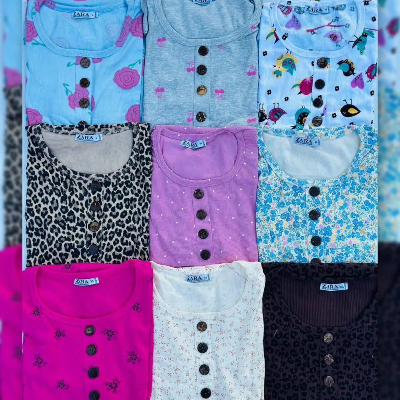تیشرت یقه گرد ZARA دکمه چوبی (پک 6 عددی)