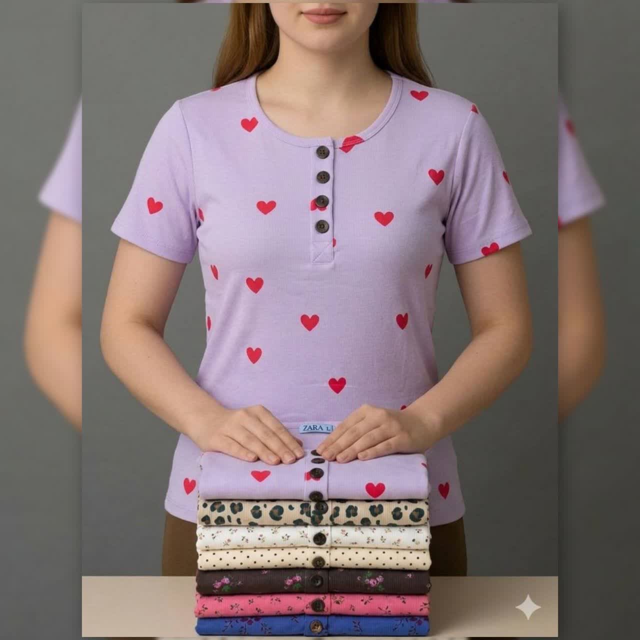 تیشرت یقه گرد ZARA دکمه چوبی (پک 6 عددی)