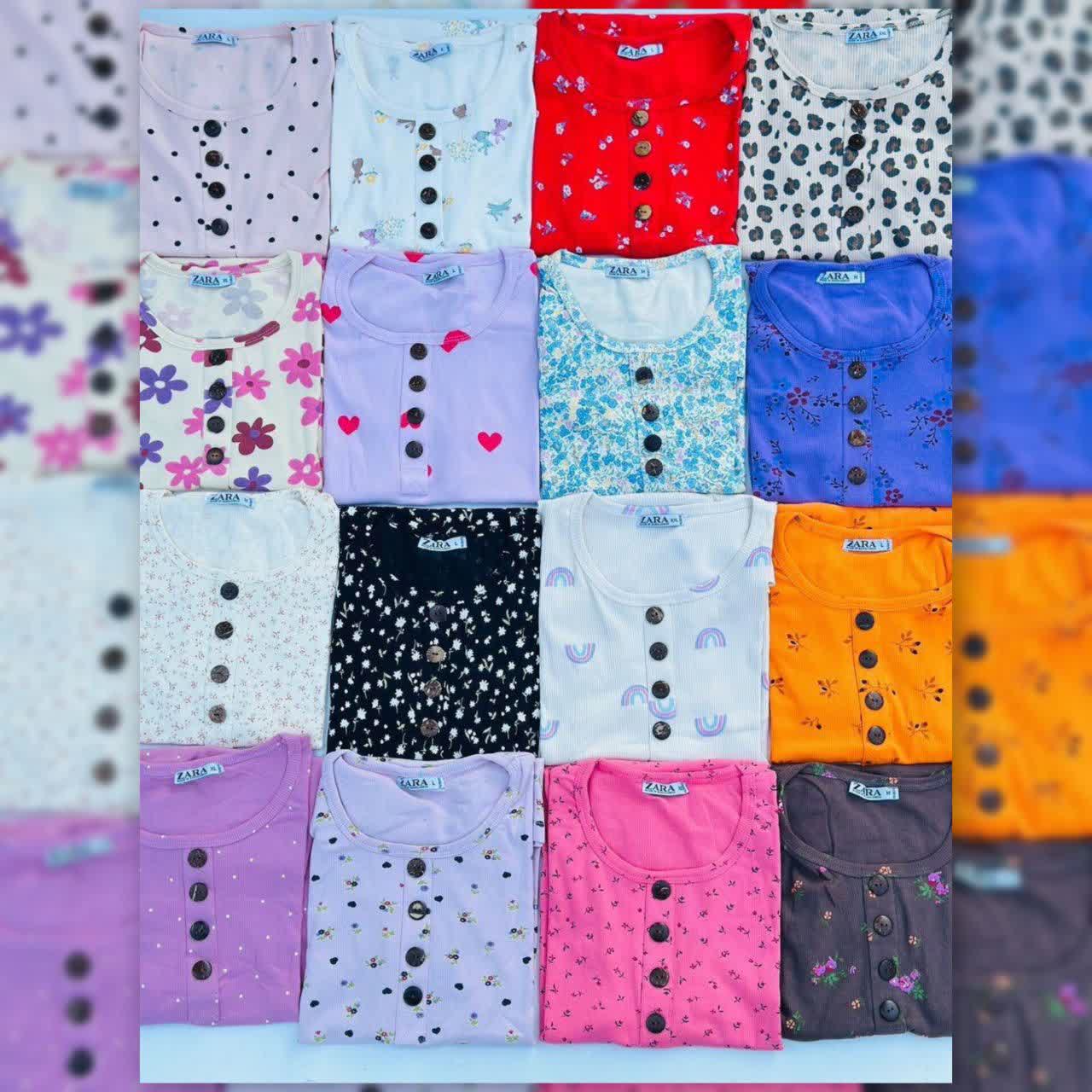 تیشرت یقه گرد ZARA دکمه چوبی (پک 6 عددی)